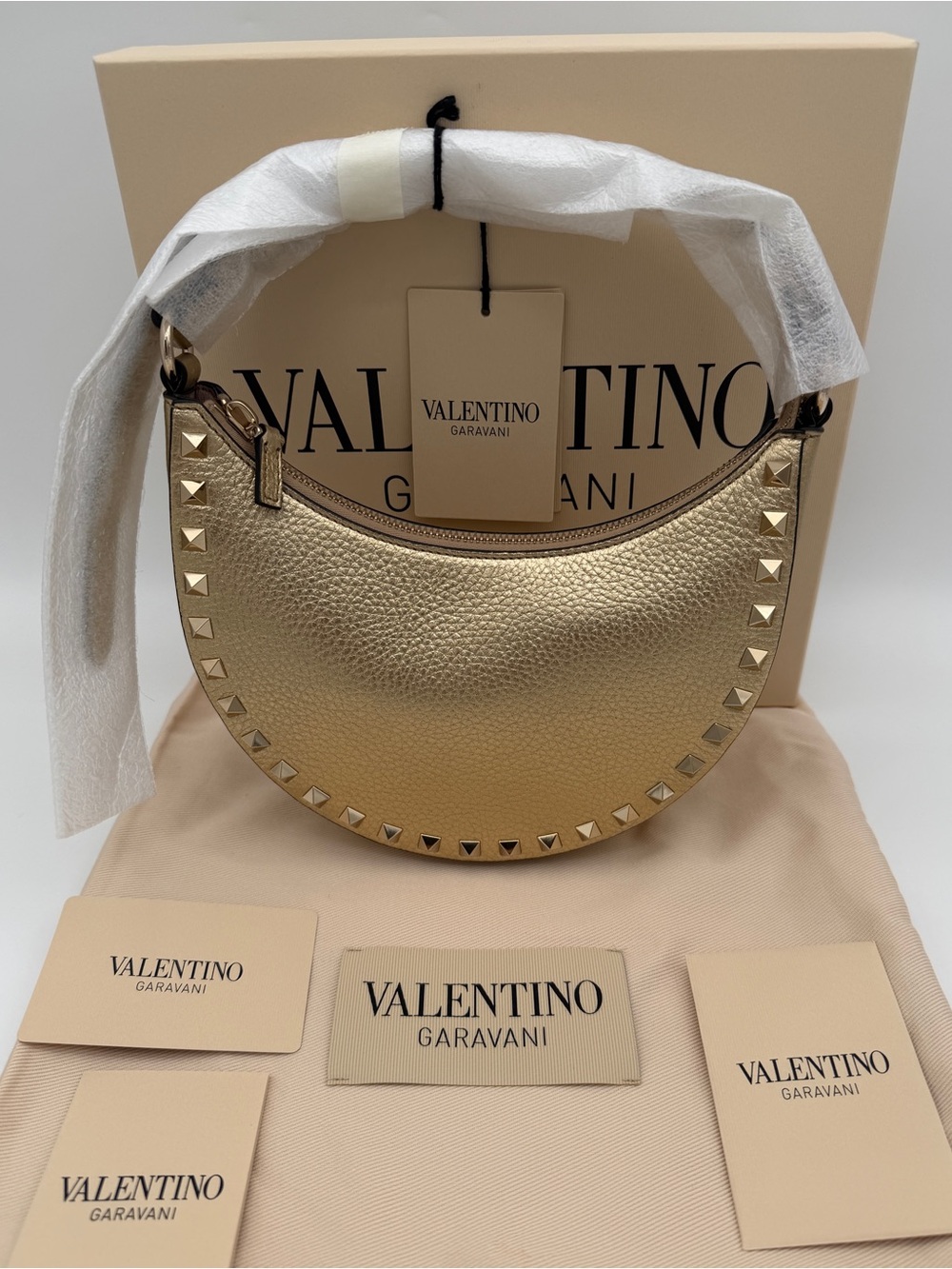 NEW VALENTINO GARAVANI LEATHER ROCKSTUD MINI HOBO GOLD BAG PURSE AUTHENTIC! - Picture 6 of 14